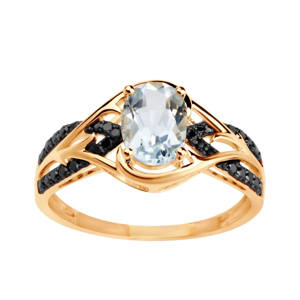 Zdjęcie Złoty pierścionek z Topzem Błękitnym i czarnymi diamentami