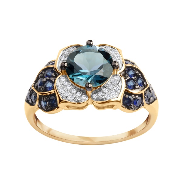 Zdjęcie Złoty pierścionek z Topazem London Blue diamentami i szafirami